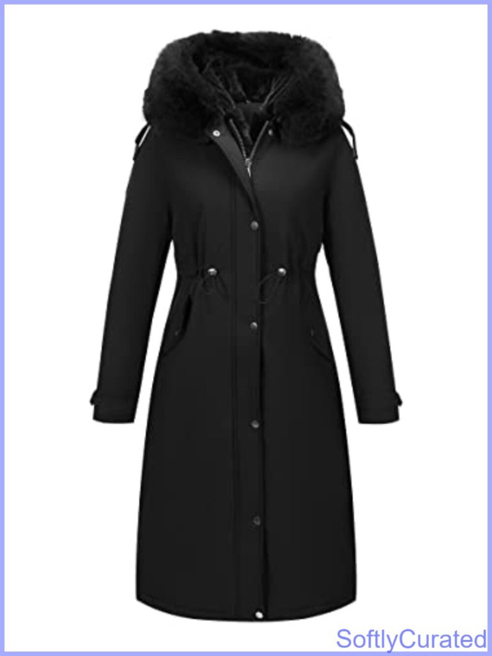 Women Winter Puffer Coat Long Parka Faux Fur Trim Hood Belted